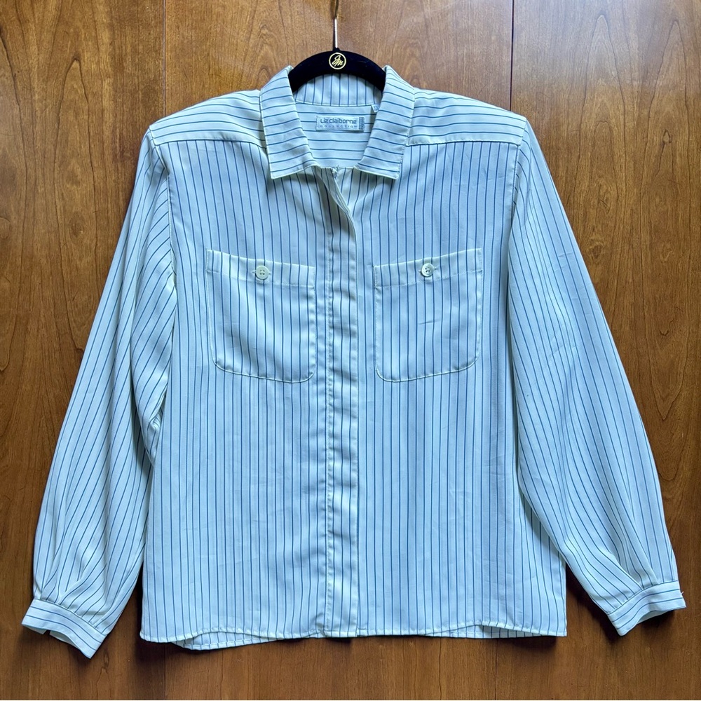 *~Vintage~* Liz Claiborne Navy and White Striped Blouse Size 16 Petite